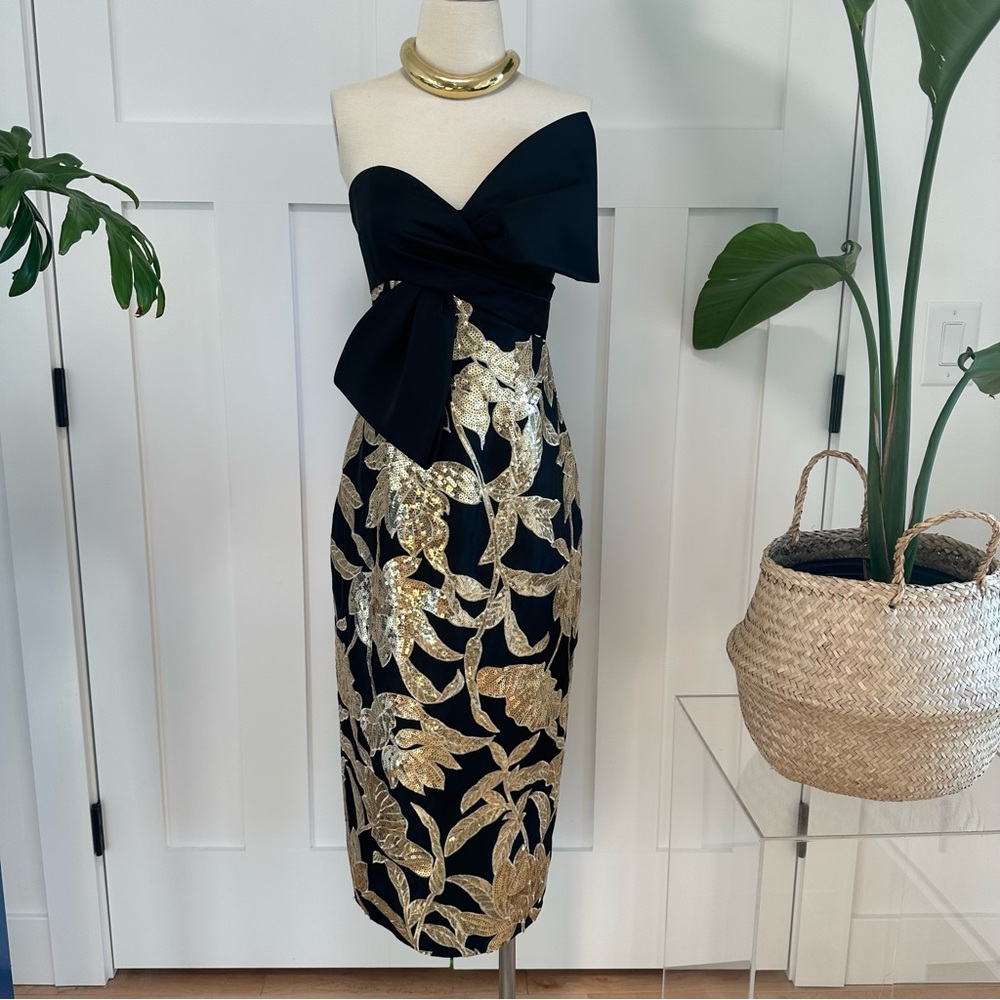 Marchesa Notte Lotus Black and Gold Sequin Dress - Picture 3 of 11